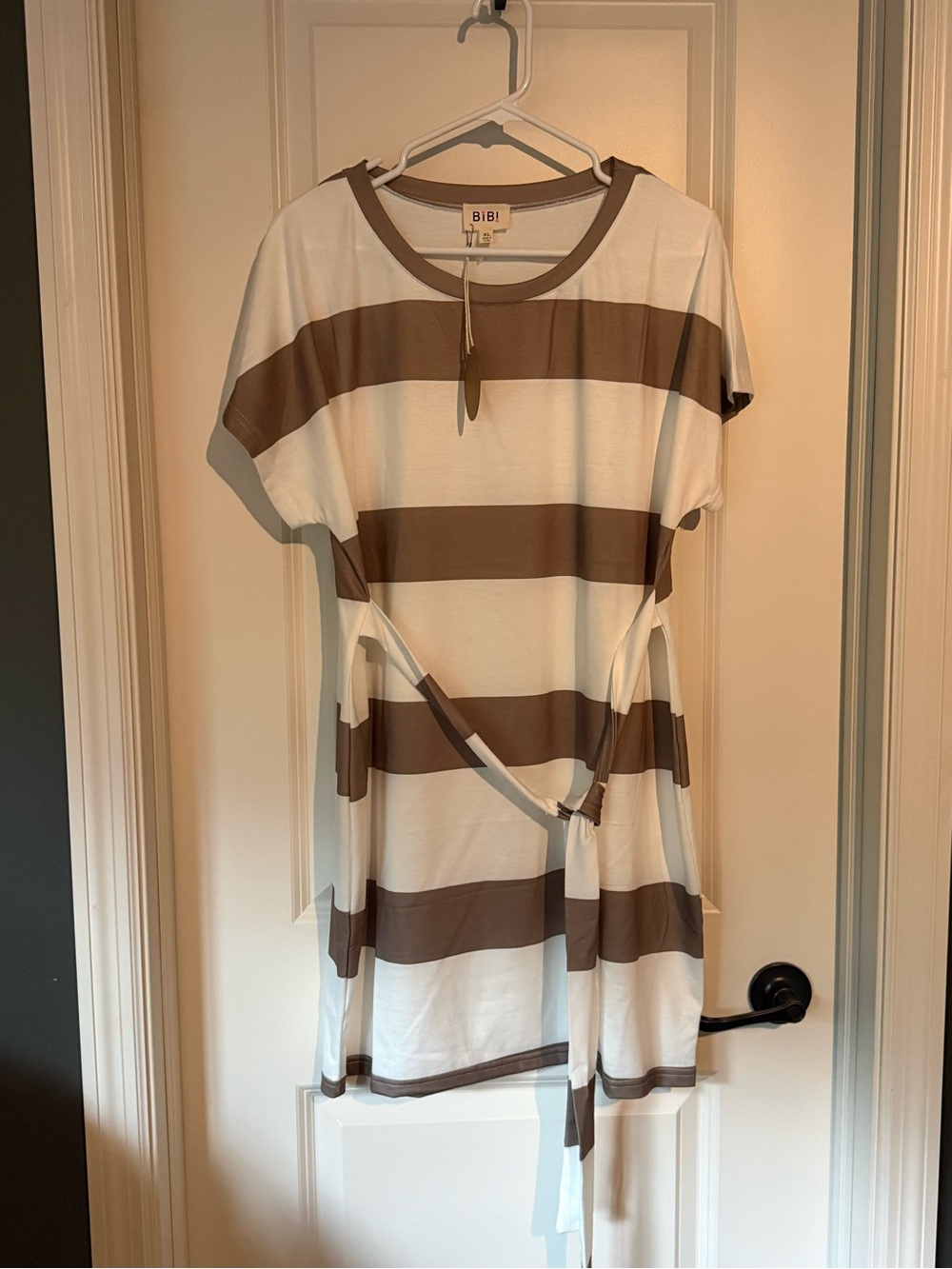 BiBi Cream and Brown Striped Tie-Waist Tunic Dress